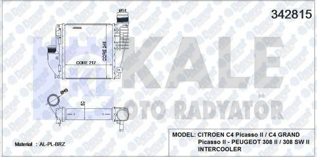 KALE 342815 Turbo Radyatoru (Intercooler) Peugeot 308 Ii / 308 Sw Ii/C4 Picasso Ii 1.6 Vti / 1.6 Hdi / 2.0 Blue Hdi 13> (Al/Pl/Brz)